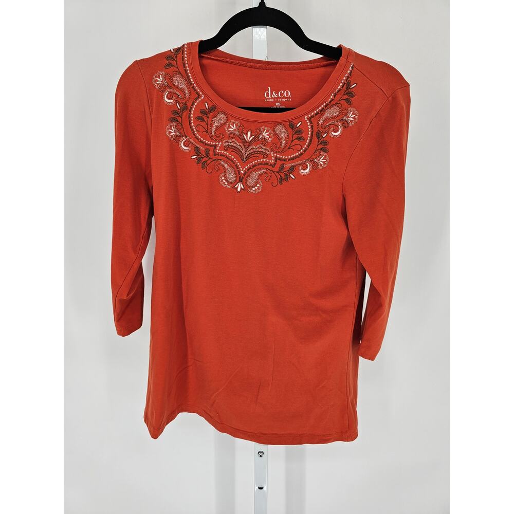 Denim & Company Womens Sz XS 3/4 Sleeve Top Rust Red Embroidered Neckline